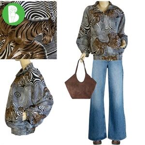 VINTAGE MARSHALL ROUSSO ZEBRA PRINT BLACK & BROWN BOMBER JACKET (L)